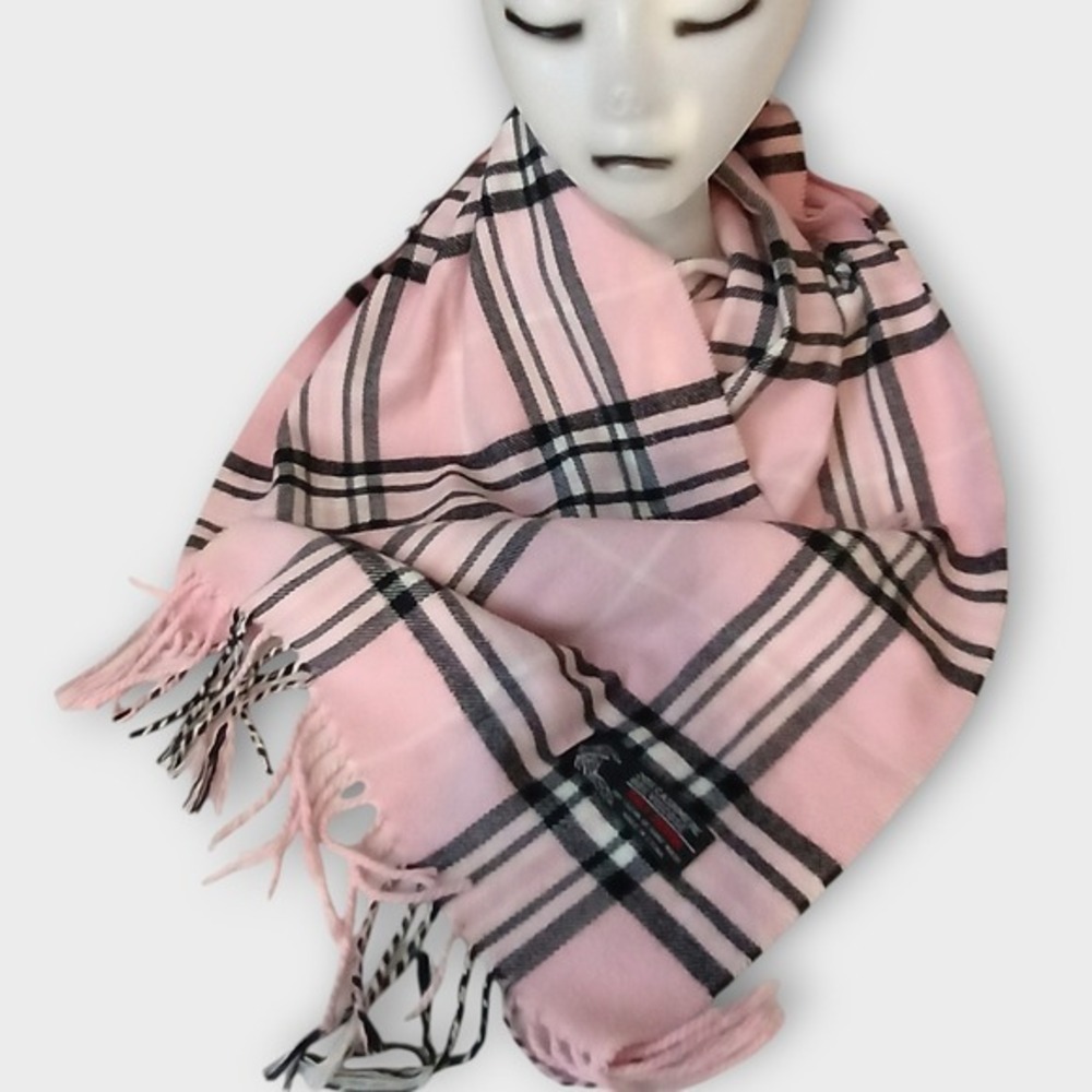 Pink Black Plaid‎ Cashmere Blend Scarf Wrap Italy Design Fringe Plaid Rectangle